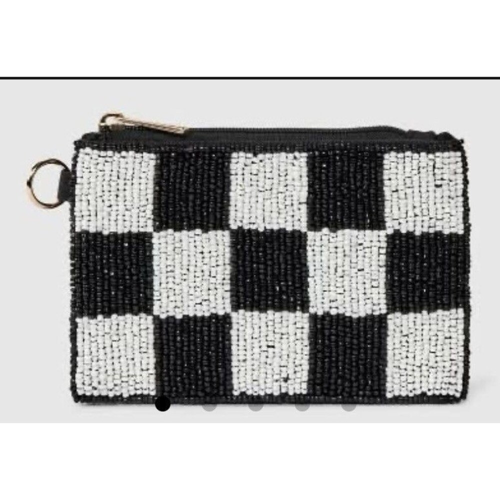 NEW! Beaded Coin Purse in “CHECKER” — Bead Front, Black Cotton Back 5x3.5” CUTE!